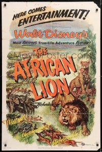 6j019 AFRICAN LION 1sh 1955 Walt Disney jungle safari documentary, cool animal artwork!
