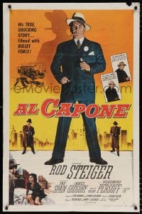 6j021 AL CAPONE 1sh 1959 cool comparison of Rod Steiger to the most notorious gangster, Brown art!