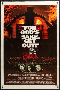 6j040 AMITYVILLE HORROR 1sh 1979 great image of haunted house, for God's sake get out!