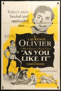 6j064 AS YOU LIKE IT 1sh R1949 Sir Laurence Olivier in William Shakespeare's romantic comedy!