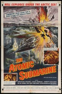 6j067 ATOMIC SUBMARINE 1sh 1959 cool Reynold Brown art, hell explodes under the Arctic Sea!