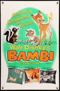6j078 BAMBI 1sh R1957 Walt Disney cartoon deer classic, great art with Thumper & Flower!