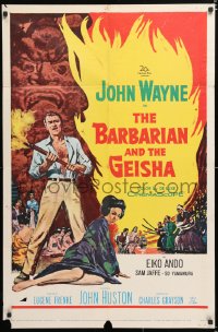6j083 BARBARIAN & THE GEISHA 1sh 1958 John Huston, art of John Wayne with torch & Eiko Ando!