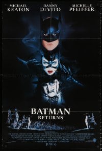 6j087 BATMAN RETURNS int'l advance DS 1sh 1992 Burton, Keaton, DeVito, Pfeiffer, cool white date design!