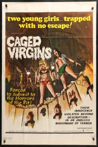 6j171 CAGED VIRGINS 1sh 1973 two sexy young girls trapped with no escape, great horror art!