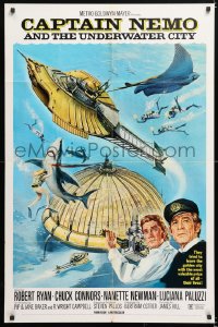 6j182 CAPTAIN NEMO & THE UNDERWATER CITY 1sh 1970 artwork of cast, scuba divers & cool ship