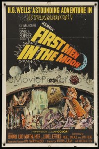 6j317 FIRST MEN IN THE MOON black style 1sh 1964 Ray Harryhausen, H.G. Wells, fantastic sci-fi art!