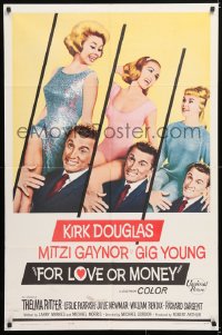 6j336 FOR LOVE OR MONEY 1sh 1963 Kirk Douglas carries sexy Mitzi Gaynor, Thelma Ritter!