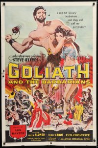 6j390 GOLIATH & THE BARBARIANS 1sh 1959 art of Reeves protecting Chelo Alonso by Reynold Brown!