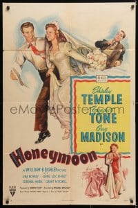 6j429 HONEYMOON 1sh 1947 great art of newlyweds Shirley Temple & Guy Madison in Mexico!