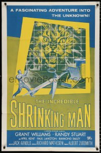 6j449 INCREDIBLE SHRINKING MAN 1sh R1964 Jack Arnold, classic art of tiny man & giant cat!