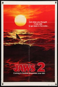 6j463 JAWS 2 teaser 1sh 1978 art of man-eating shark's fin in red water at sunset, dated design!