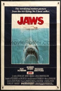 6j460 JAWS 1sh 1975 art of Steven Spielberg's classic man-eating shark attacking swimmer!