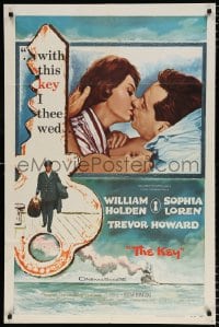 6j473 KEY 1sh 1958 Carol Reed, close up kiss art of William Holden & sexy Sophia Loren!