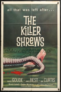 6j476 KILLER SHREWS 1sh 1959 classic horror art of all that was left after the monster attack!