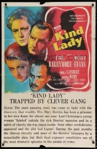 6j478 KIND LADY 1sh 1951 John Sturges, Ethel Barrymore, Angela Lansbury, art of top cast!