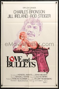 6j524 LOVE & BULLETS 1sh 1979 art of Charles Bronson, sexy Jill Ireland laying on gun!