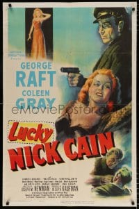 6j536 LUCKY NICK CAIN 1sh 1951 great noir art of George Raft with gun & sexy Coleen Gray!