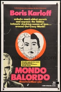 6j591 MONDO BALORDO 1sh 1967 Boris Karloff unlocks man's oldest oddities & shocking scenes!
