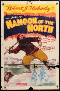 6j624 NANOOK OF THE NORTH 1sh R1948 Eskimo father teaching child to use bow & arrow!