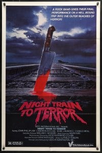 6j640 NIGHT TRAIN TO TERROR 1sh 1984 wacky art of monster by train going into jaws to Hell!