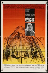 6j690 PLANET OF THE APES 1sh 1968 Charlton Heston, classic sci-fi, cool art of caged humans!