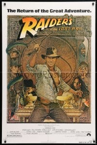6j716 RAIDERS OF THE LOST ARK 1sh R1982 great Richard Amsel art of adventurer Harrison Ford!