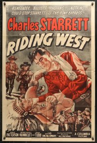6j737 RIDING WEST 1sh 1943 artwork of Charles Starrett fighting with Native American!