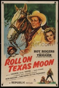 6j752 ROLL ON TEXAS MOON 1sh 1946 Roy Rogers with Trigger, Dale Evans & Gabby Hayes, rare!