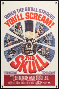 6j803 SKULL 1sh 1965 Peter Cushing, Christopher Lee, cool horror artwork of creepy skull!