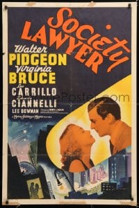 6j814 SOCIETY LAWYER 1sh 1939 romantic c/u of Walter Pidgeon & Virginia Bruce, cool artwork!