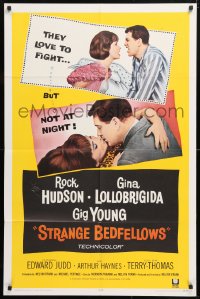 6j851 STRANGE BEDFELLOWS 1sh 1965 Gina Lollobrigida & Rock Hudson love to fight, but not at night!