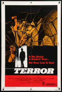 6j882 TERROR 1sh 1979 English horror, cool shattered mirror & silhouette in doorway image!