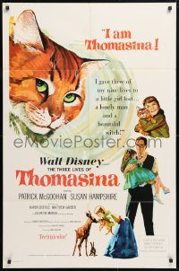 6j895 THREE LIVES OF THOMASINA 1sh 1964 Walt Disney, great art of winking & smiling cat!