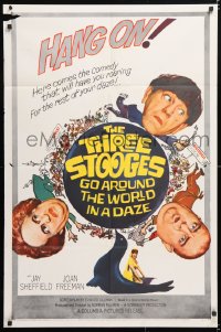 6j897 THREE STOOGES GO AROUND THE WORLD IN A DAZE 1sh 1963 wacky art of Moe, Larry & Curly-Joe!