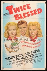 6j918 TWICE BLESSED 1sh 1945 art of Preston Foster between the pretty Wilde Twins Lee & Lyn!