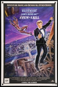 6j933 VIEW TO A KILL advance 1sh 1985 art of Roger Moore & Jones by Goozee over purple background!