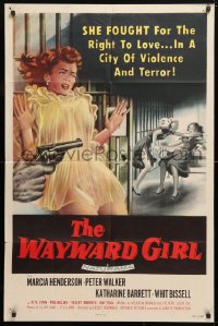 6j952 WAYWARD GIRL 1sh 1957 great artwork of bad girl in nightie & fighting in prison!