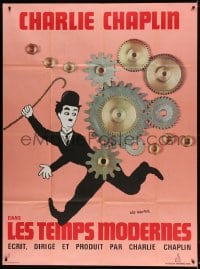 6k819 MODERN TIMES French 1p R1970s Leo Kouper art of Charlie Chaplin running by giant gears!