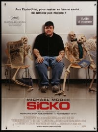 6k910 SICKO French 1p 2007 wacky image of director Michael Moore with skeletons in waiting room!