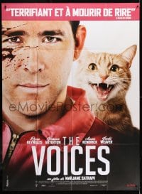 6k972 VOICES French 1p 2015 c/u of Ryan Reynolds with blood on his face & cat on his shoulder!