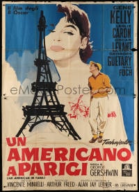 6k152 AMERICAN IN PARIS Italian 2p R1963 Nano art of Leslie Caron & Kelly by Eiffel Tower, rare!
