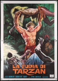 6k265 TARZAN'S SAVAGE FURY Italian 2p R1970s art of Lex Barker vs natives, Edgar Rice Burroughs