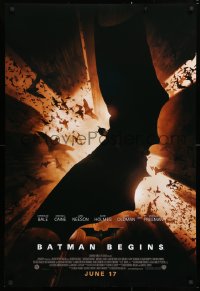 6r535 BATMAN BEGINS advance DS 1sh 2005 June 17, image of Christian Bale in title role flying w/bats!