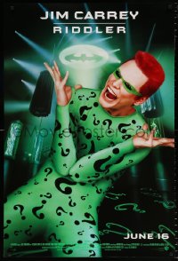 6r538 BATMAN FOREVER advance DS 1sh 1995 cool image of wacky, evil Jim Carrey as The Riddler!