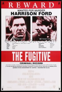 6r661 FUGITIVE recalled int'l 1sh 1993 Harrison Ford is on the run, cool wanted poster design!