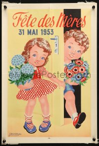 6r386 FETE DES MERES 13x19 French special poster 1953 cute Mother's day artwork by G. Van Wanghe!