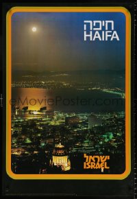 6r076 HAIFA 27x39 Israeli travel poster 1979 city at night with a full moon in the sky!