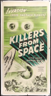 6s022 KILLERS FROM SPACE linen 3sh 1954 bulb-eyed men invade Earth from flying saucers, cool art!