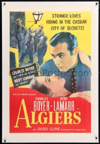 6s039 ALGIERS linen 1sh R1953 romantic close up of Charles Boyer & pretty Hedy Lamarr in the Casbah!